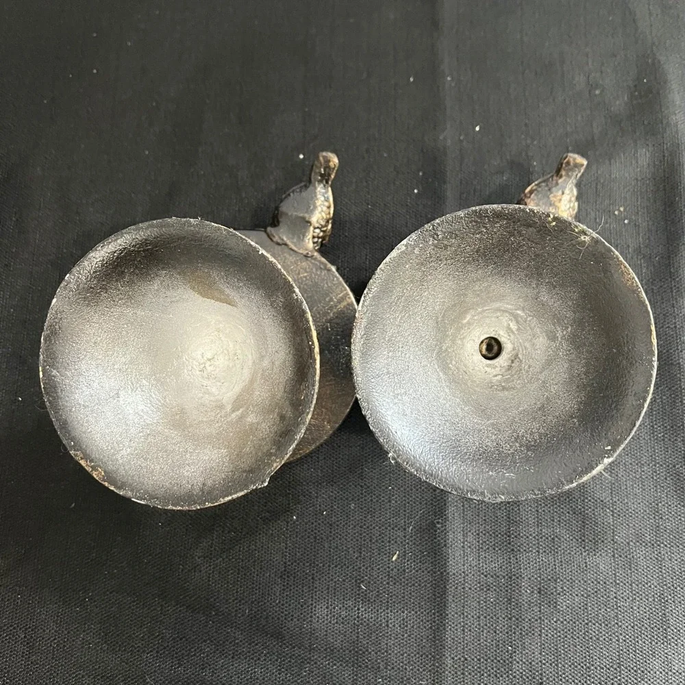 Set of 2 Hammered Bronze Cast Iron Bird Pedestal Candle Holders Rustic Decor